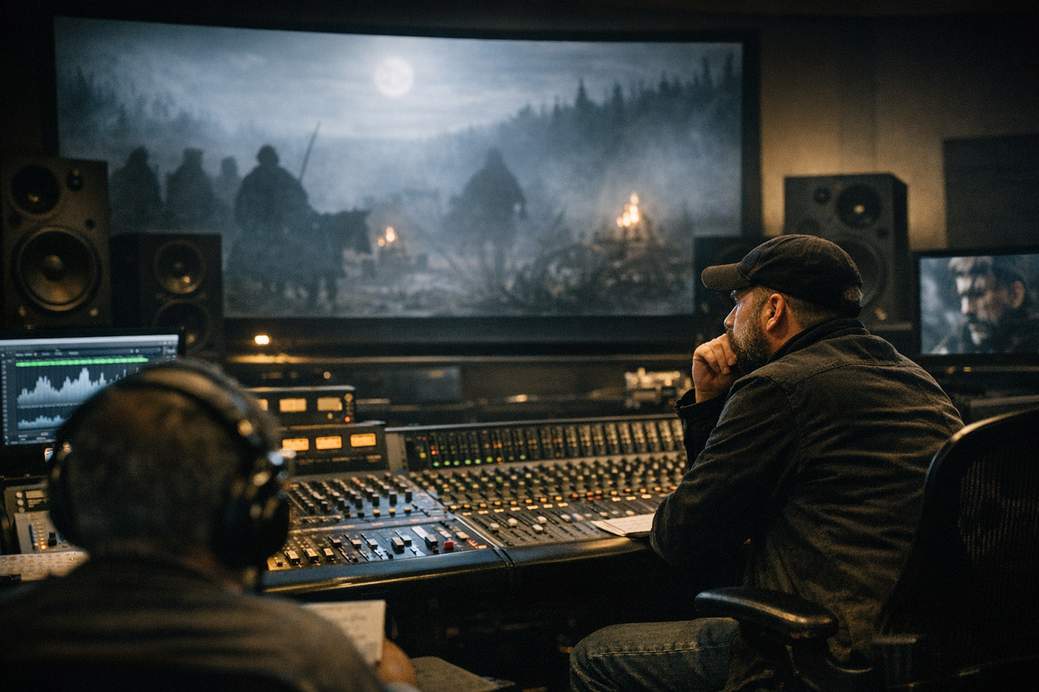 En un estudio de Londres, Robert Eggers supervisa la mezcla final de sonido y efectos especiales de «Werwulf».